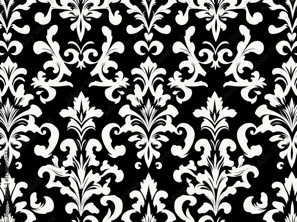 Elegant damask seamless vector pattern design in black and white colors, luxury, classic, black Elegant damask seamless vector pattern design in black and white colors, luxury, classic, black