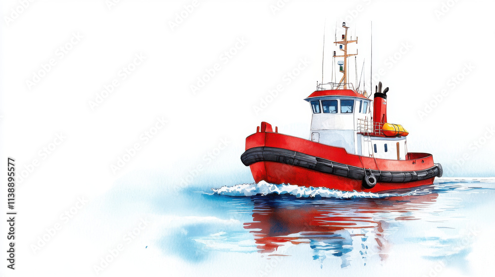 Fototapeta premium Tugboat navigating tranquil ocean waters, creating gentle waves and reflections