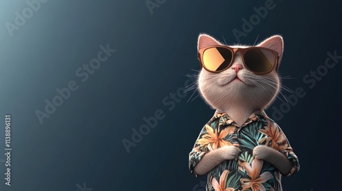 Stylish Cat in Sunglasses Wearing Tropical Print Shirt photo