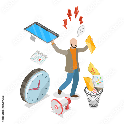 3D Isometric Flat Vector Illustration of Stress At Work, Burnout, Overloading, Deadline Pressure. Item 1