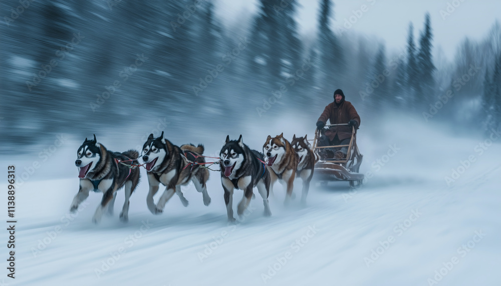 Group of huskies and Malamutes pulling sled through snow in Alaska. Man driving sled appears blurred in background. Snow-covered landscape enhances action and energy. Snowy wild nature Group of huskies and Malamutes pulling sled through snow in Alaska. Man driving sled appears blurred in background. Snow-covered landscape enhances action and energy. Snowy wild nature
