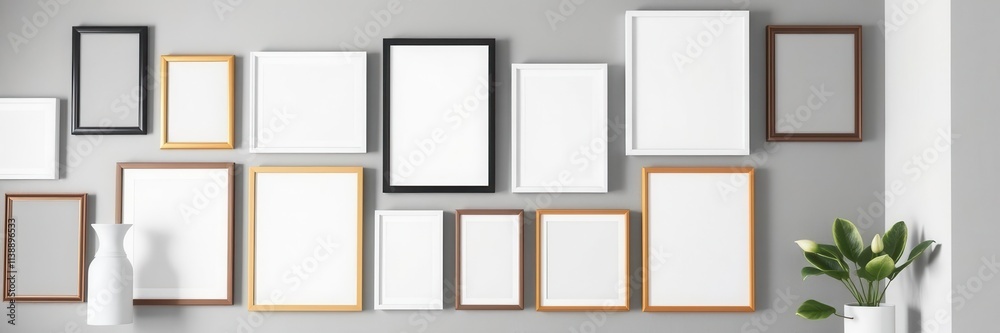Modern home interior with a gallery wall of empty photo frames mockup, gallery wall, blank frames, photo frame