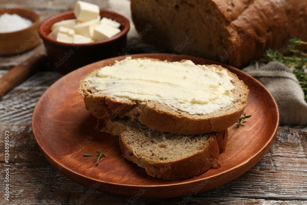 Fresh bread with butter on wooden table, closeup Fresh bread with butter on wooden table, closeup