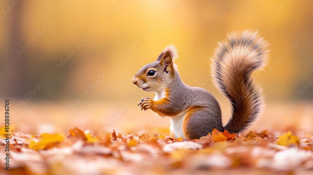 A squirrel among colorful autumn leaves in a serene setting. A squirrel among colorful autumn leaves in a serene setting.