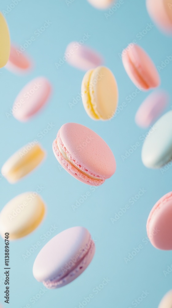 Obraz premium Colorful macarons floating against a pastel blue background, vibrant sweet dessert concept, vertical with copy space