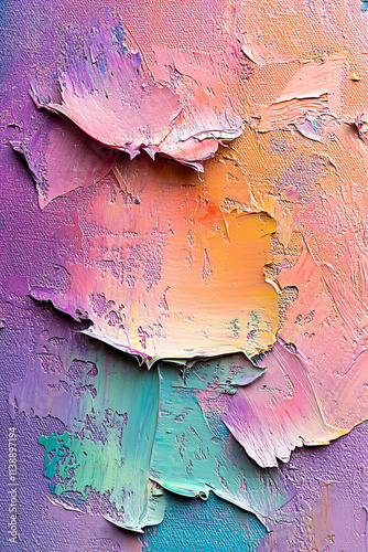 Thick impasto oil paint strokes in abstract texture with pastel shades of mint, lavender, peach, and coral, ideal for creative design, artistic backgrounds, and modern decorative visuals photo