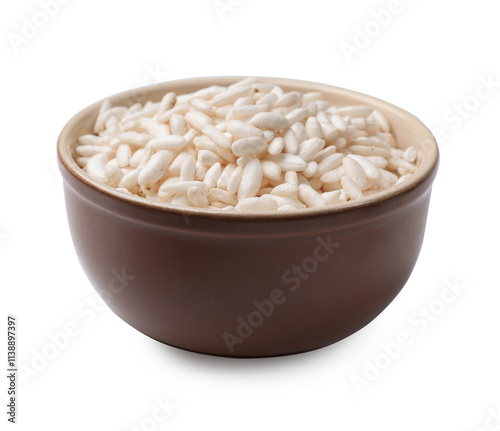 Puffed rice in bowl isolated on white photo