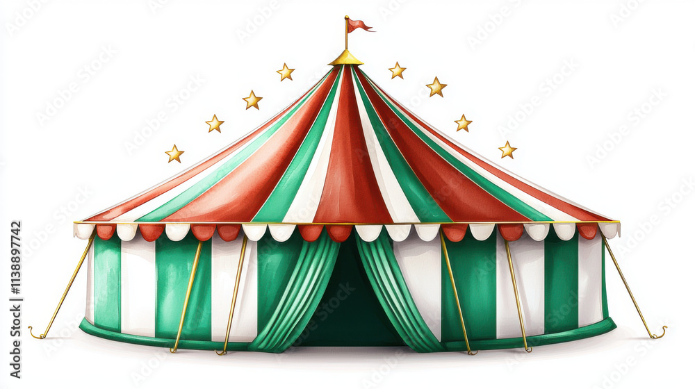 Vibrant circus tent with red and white panels, adorned with stars and flag, evokes festive atmosphere Vibrant circus tent with red and white panels, adorned with stars and flag, evokes festive atmosphere