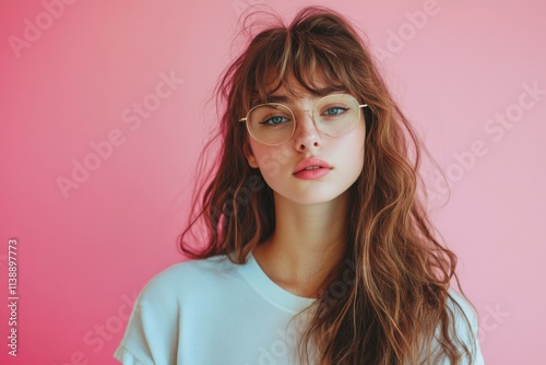 Stylish Young Woman with Glasses Posing Against a Soft Pink Background