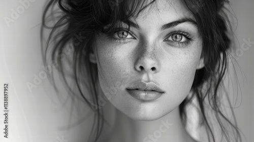 Black-and-white headshot of a model with striking eyes and a contemplative expression, captured on a white background for timeless elegance . photo