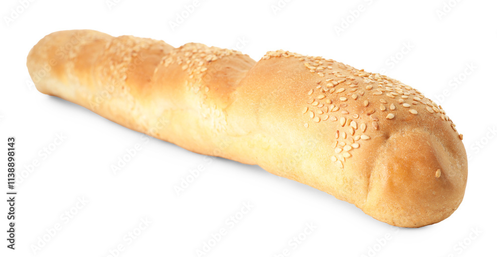 One fresh baguette with sesame isolated on white One fresh baguette with sesame isolated on white