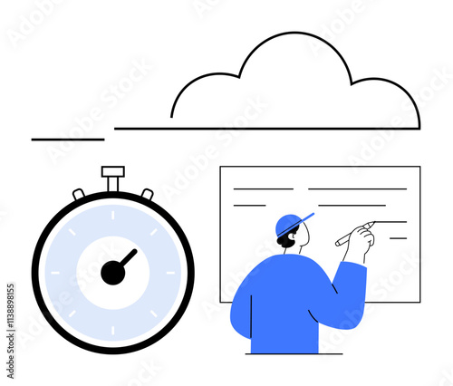 Stopwatch at left man with pen writing on board at right cloud above. Ideal for time management, productivity, planning, organization, education, deadlines, scheduling. Line metaphor