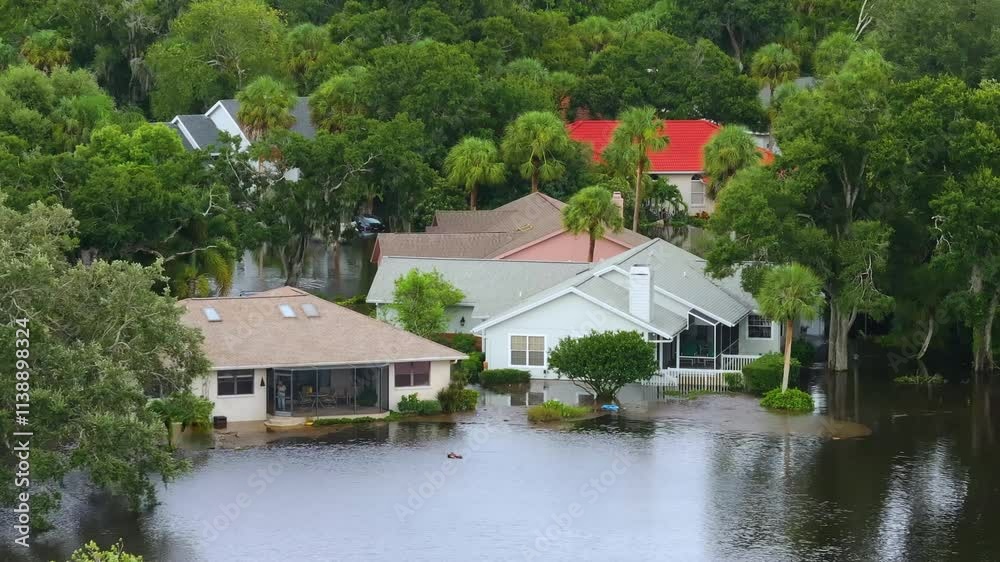 Flooded residential area with underwater houses from hurricane rainfall water in Florida suburban community. Aftermath of natural disaster in southern USA. Flooded residential area with underwater houses from hurricane rainfall water in Florida suburban community. Aftermath of natural disaster in southern USA.