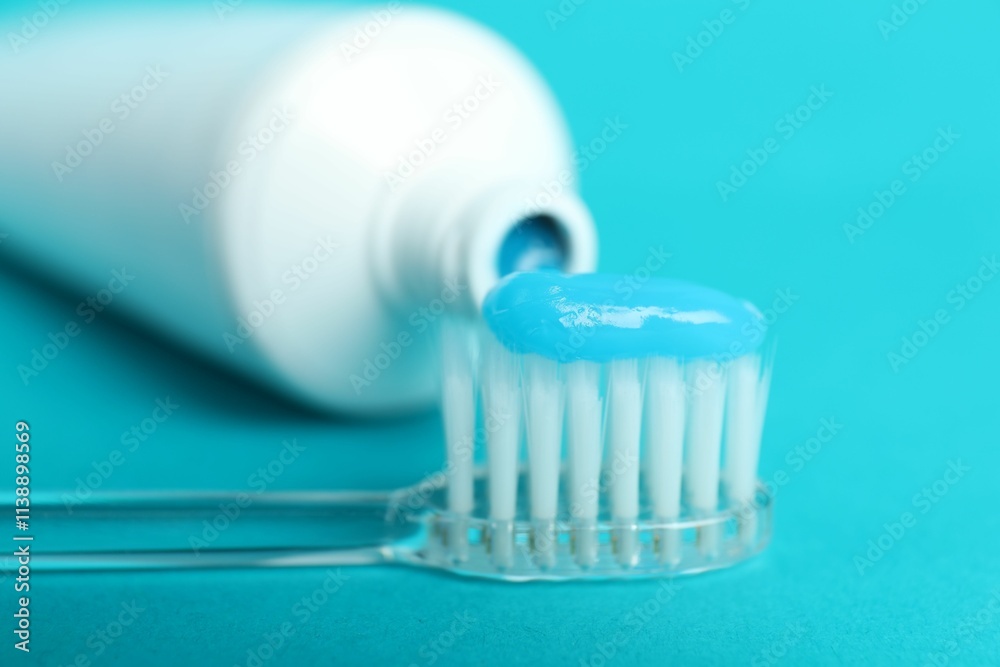 Toothbrush with toothpaste and tube on light blue background, closeup