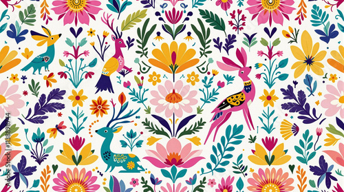 Vibrant Mexican Otomi Embroidery Pattern Background - Ethnic Art