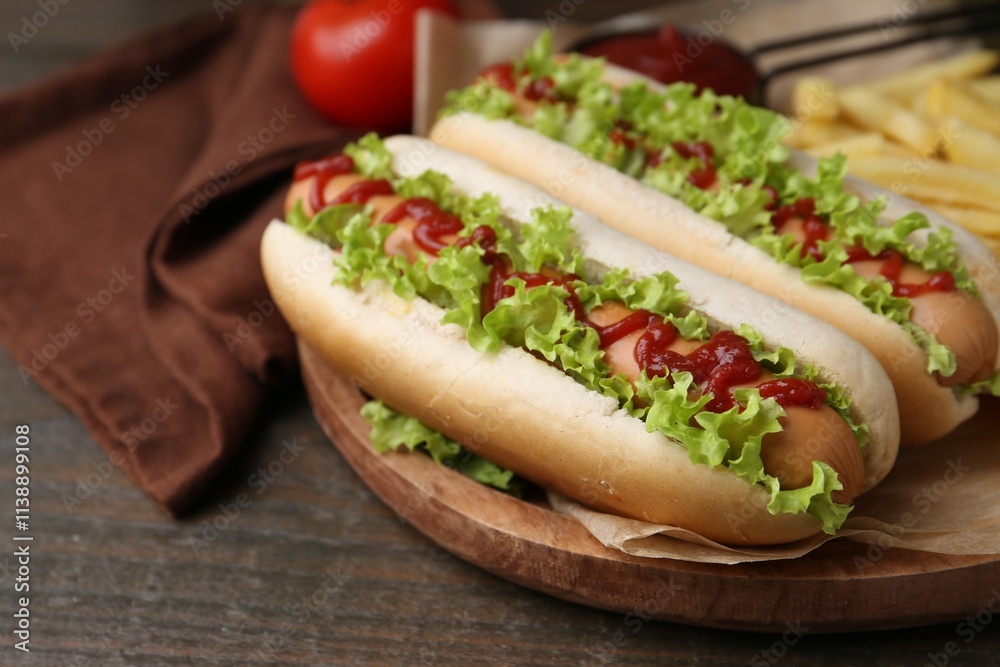 Tasty hot dogs with lettuce, ketchup and potato fries on wooden table, closeup Tasty hot dogs with lettuce, ketchup and potato fries on wooden table, closeup