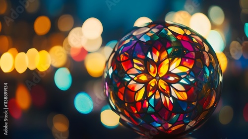 Colorful Stained Glass Sphere Illuminated by Lights photo