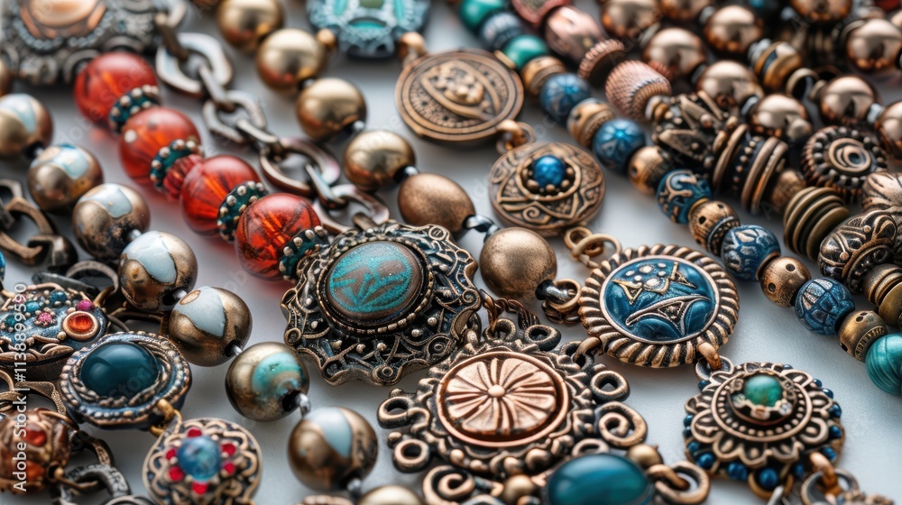 Charm bracelet with multiple unique pendants, each with intricate details, spread out on a white surface . Charm bracelet with multiple unique pendants, each with intricate details, spread out on a white surface .