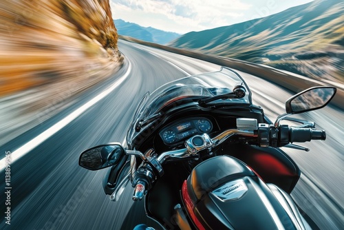 Fast motorcycle ride, scenic mountain road.