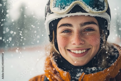 Smiling girl in ski gear during snowfall photo