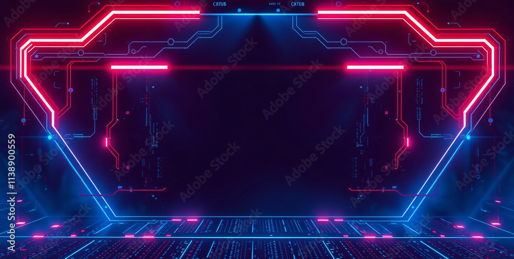 Neon Circuit Board Futuristic Technology Background with Glowing Lines and Data Stream