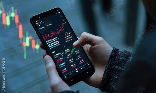 Wallpaper Mural Person monitoring stock market data on smartphone, displaying graphs and numbers. Torontodigital.ca