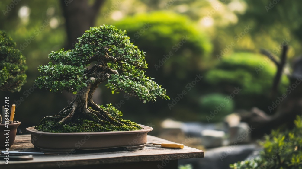 A tranquil bonsai tree display in a zen garden, Bonsai trees and tools thoughtfully placed, Japanese minimalist style