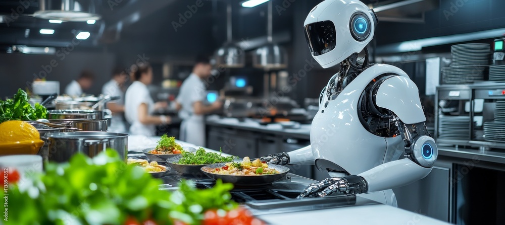 Futuristic robot chef preparing gourmet cuisine in a bustling restaurant kitchen environment Futuristic robot chef preparing gourmet cuisine in a bustling restaurant kitchen environment