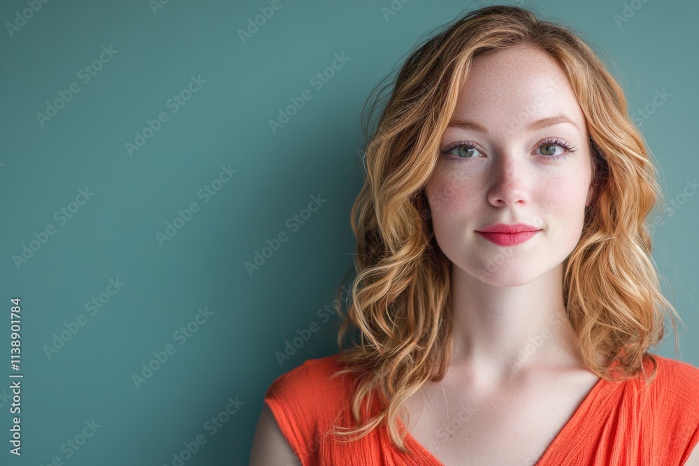 Naklejka premium Portrait of a Confident Young Woman with Wavy Hair Against a Soft Blue Background