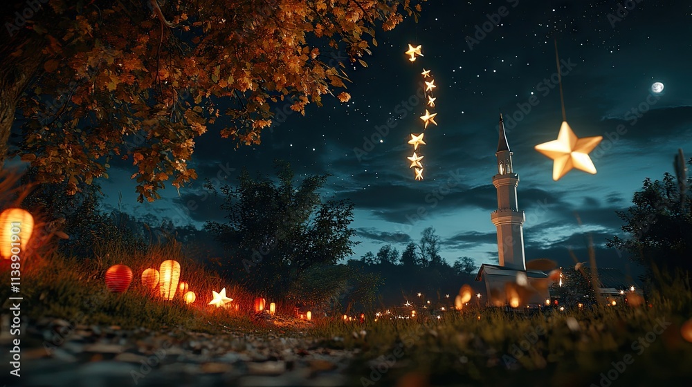 Fototapeta premium Serene Nightscape with Lanterns, Stars, and a Mosque Under Moonlight