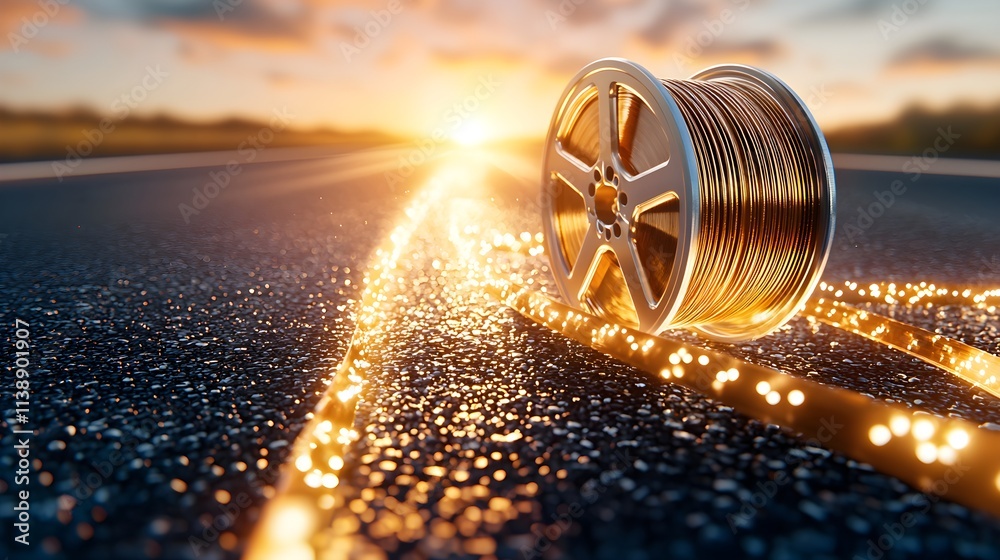 Film reel unspooling across a sunlit asphalt road, shallow depth of field, dramatic perspective, Film strip, Road, Cinematic storytelling on the street Film reel unspooling across a sunlit asphalt road, shallow depth of field, dramatic perspective, Film strip, Road, Cinematic storytelling on the street