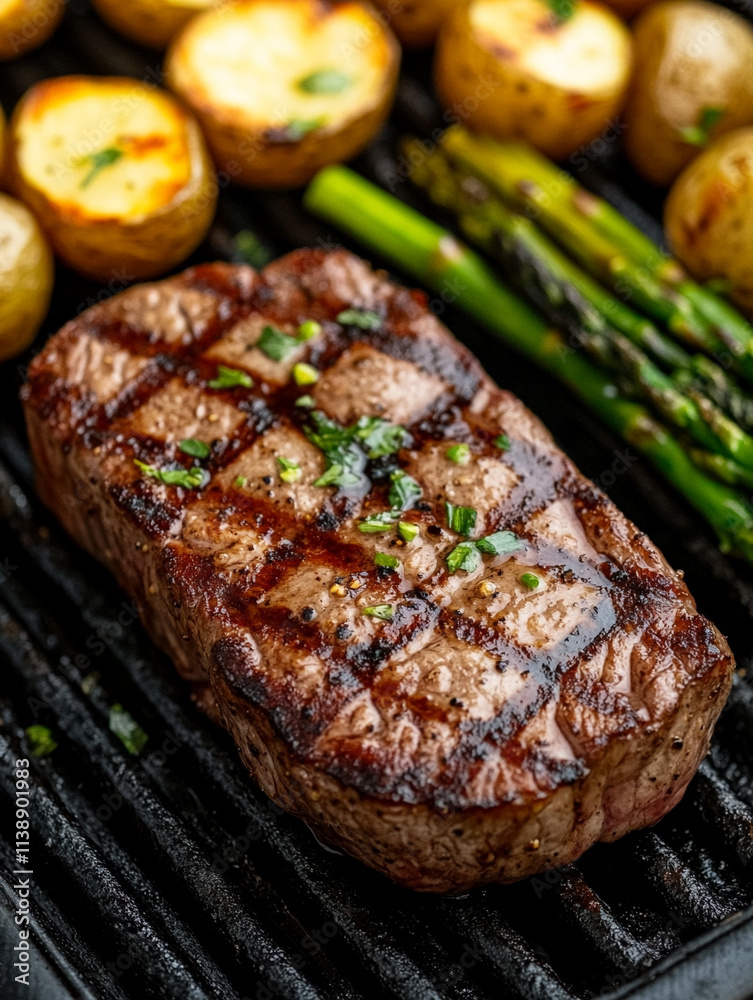 Grilled steak with roasted potatoes and asparagus