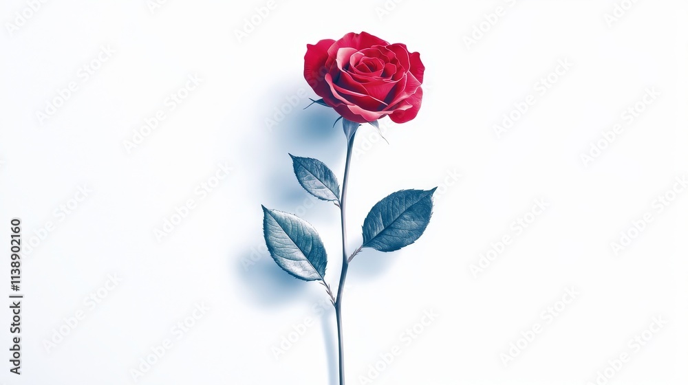 Fototapeta premium Rose with stem and leaves, classic red with subtle shading, vector illustration isolated on white, realistic yet artistic