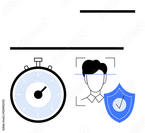 Stopwatch for time management, headshot with scanning lines for facial recognition, shield with checkmark for data security. Ideal for tech, security, AI, data protection, identity verification
