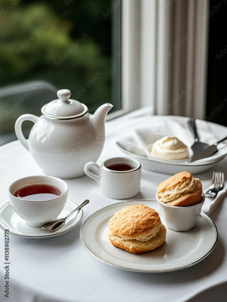 Afternoon tea with scones and cream by the window Afternoon tea with scones and cream by the window