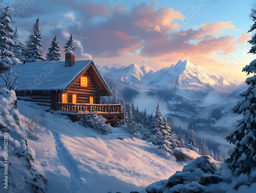 Frosty mountain panorama with a warm wooden cabin illuminated by soft sunlight, pine trees framing the scene and vast snowfields extending into the horizon photo