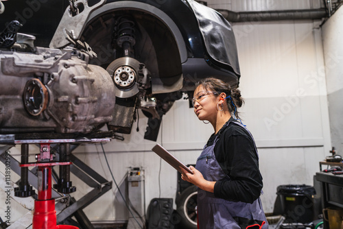 Female chinese mechanic inspecting car in auto repair shop photo