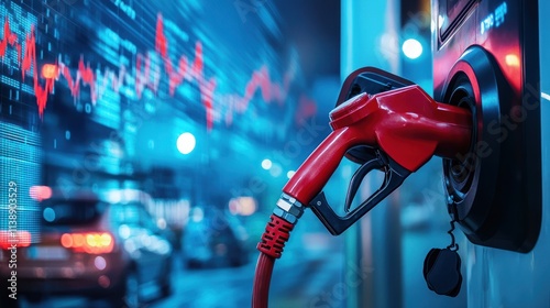 Gas pump handle held at filling station, with background showing stock market graphs and charts showing rising fuel prices