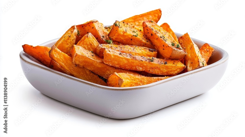 Delicious sweet potato fries, stacked in a rustic food box, crispy texture with a sprinkle of herbs, isolated on pure white background Delicious sweet potato fries, stacked in a rustic food box, crispy texture with a sprinkle of herbs, isolated on pure white background
