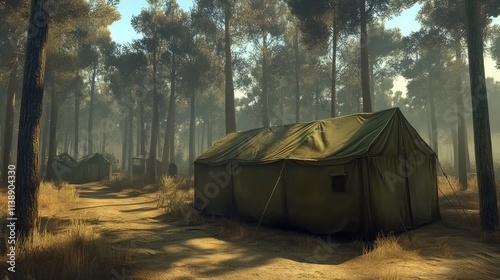 Military Tents Among Trees in Foggy Forest Landscape at Dawn photo