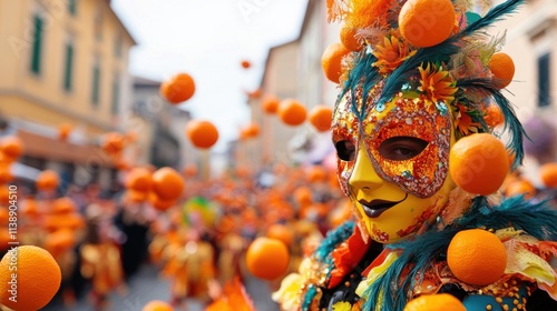 A vibrant Carnevale di Ivrea scene with orange-throwing battles and festive costumes against an historic Italian town backdrop, macro shot, Minimalist style photo