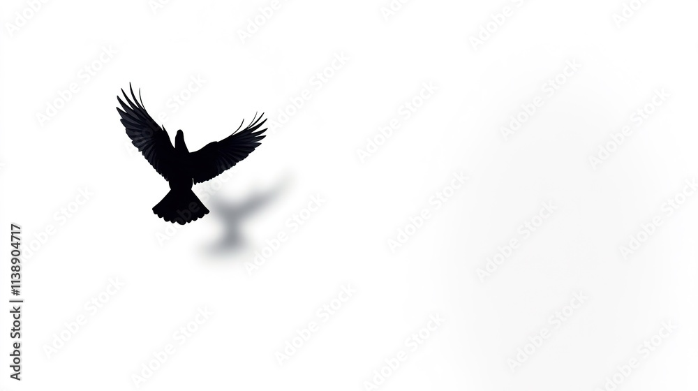 Silhouette of flying bird with shadow on white background Silhouette of flying bird with shadow on white background