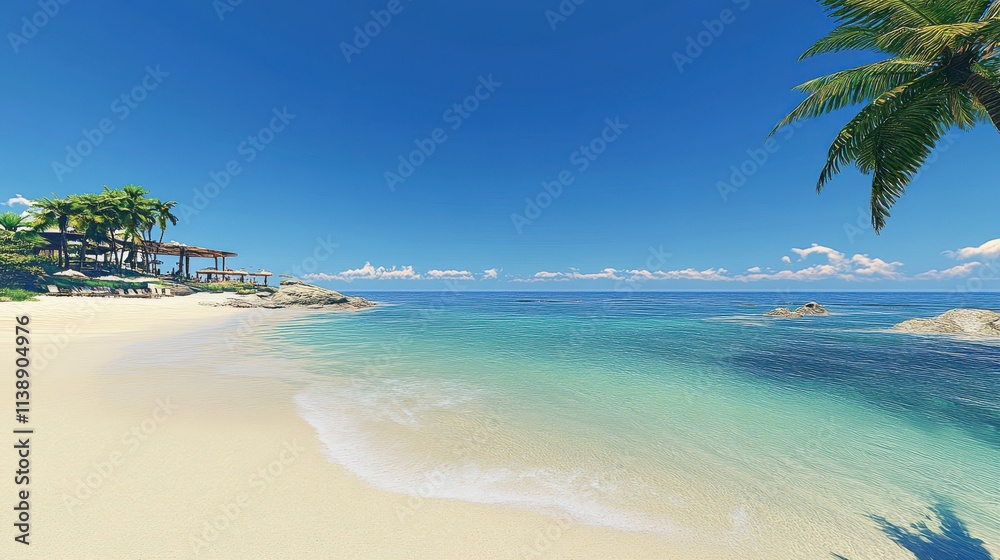 Tranquil beach scene with palm trees and clear water. Tranquil beach scene with palm trees and clear water.