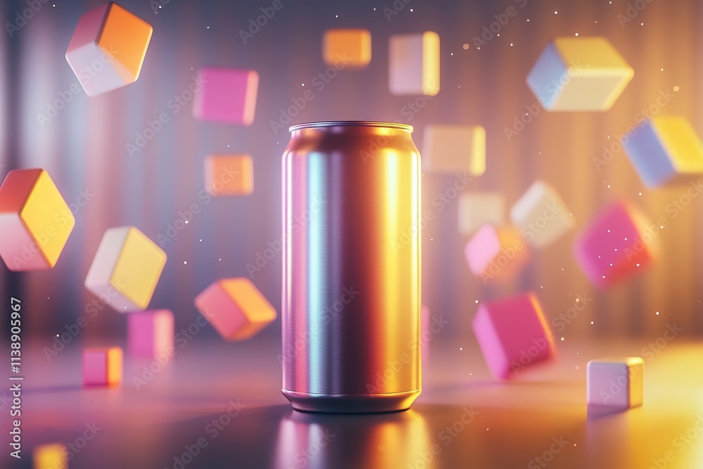 Floating geometric shapes around metallic can on glossy surface Floating geometric shapes around metallic can on glossy surface