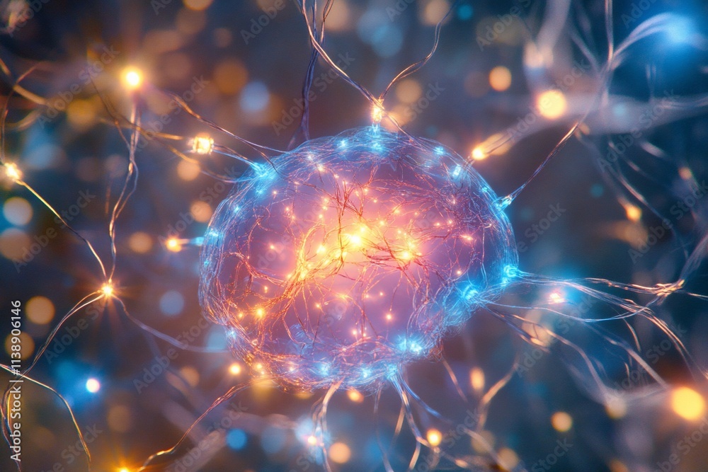 Abstract illustration of a neuron with glowing synapses. Abstract illustration of a neuron with glowing synapses.