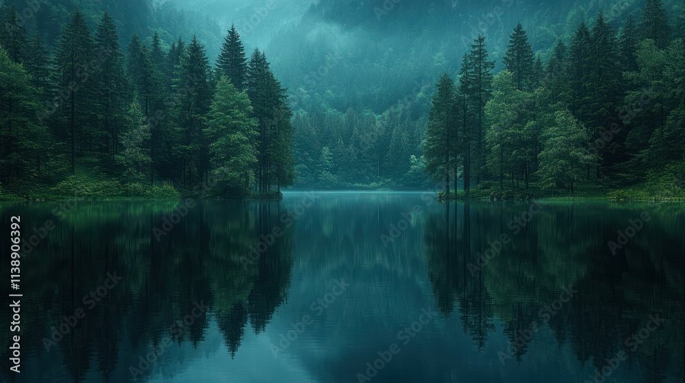 Serene lake reflecting misty forest. Serene lake reflecting misty forest.