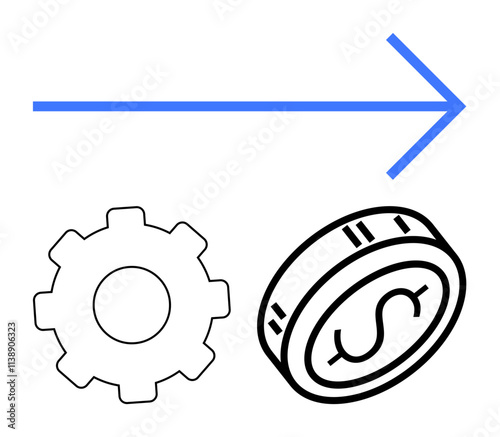 Blue arrow pointing right, black gear symbol, and dollar coin icon. Ideal for finance, economy, business growth, productivity, efficiency success investment. Line metaphor
