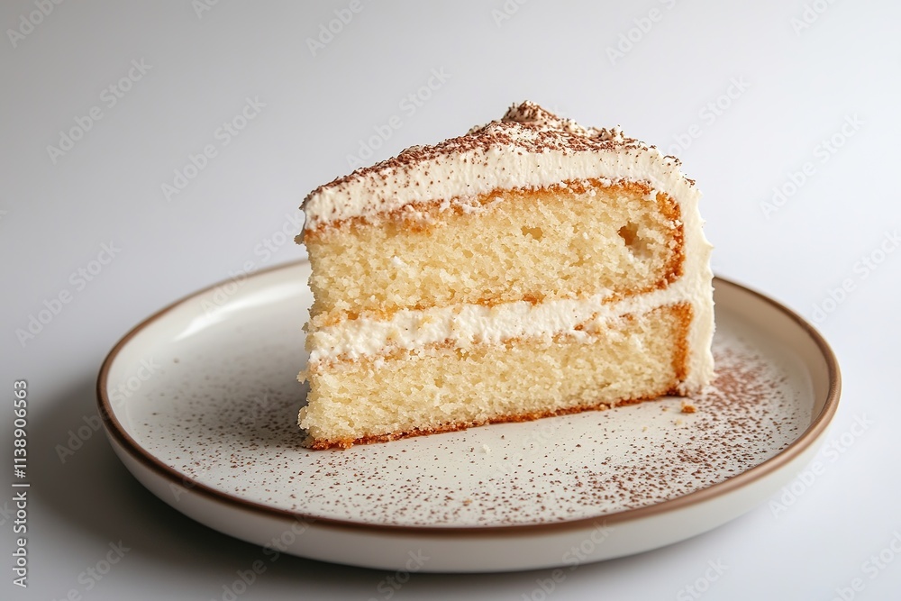 Creamy sponge cake slice on plate with cocoa dusting Creamy sponge cake slice on plate with cocoa dusting