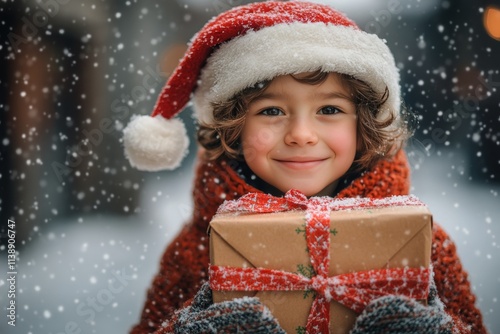 Adolescent boy soft smile in a red christmas cap, with acation box. Gleeful xmas. Santa gift cheer. Holiday merry scene. Merry box opening. Child with box. Kid santa fun. Merry holiday s. photo