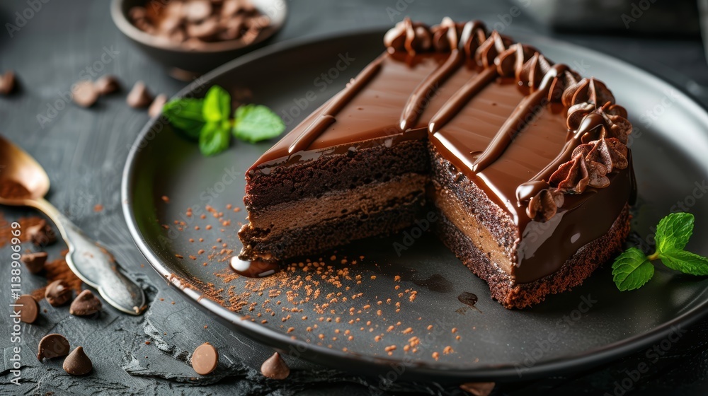 Elegant dessert plate with a slice of chocolate cake, drizzled with chocolate sauce and garnished with mint leaves . Elegant dessert plate with a slice of chocolate cake, drizzled with chocolate sauce and garnished with mint leaves .